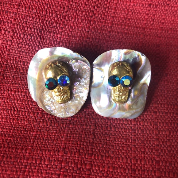 Scull, Abalone & Swarovski Chrystal Earrings (One of a Kind) - Picture 1 of 10